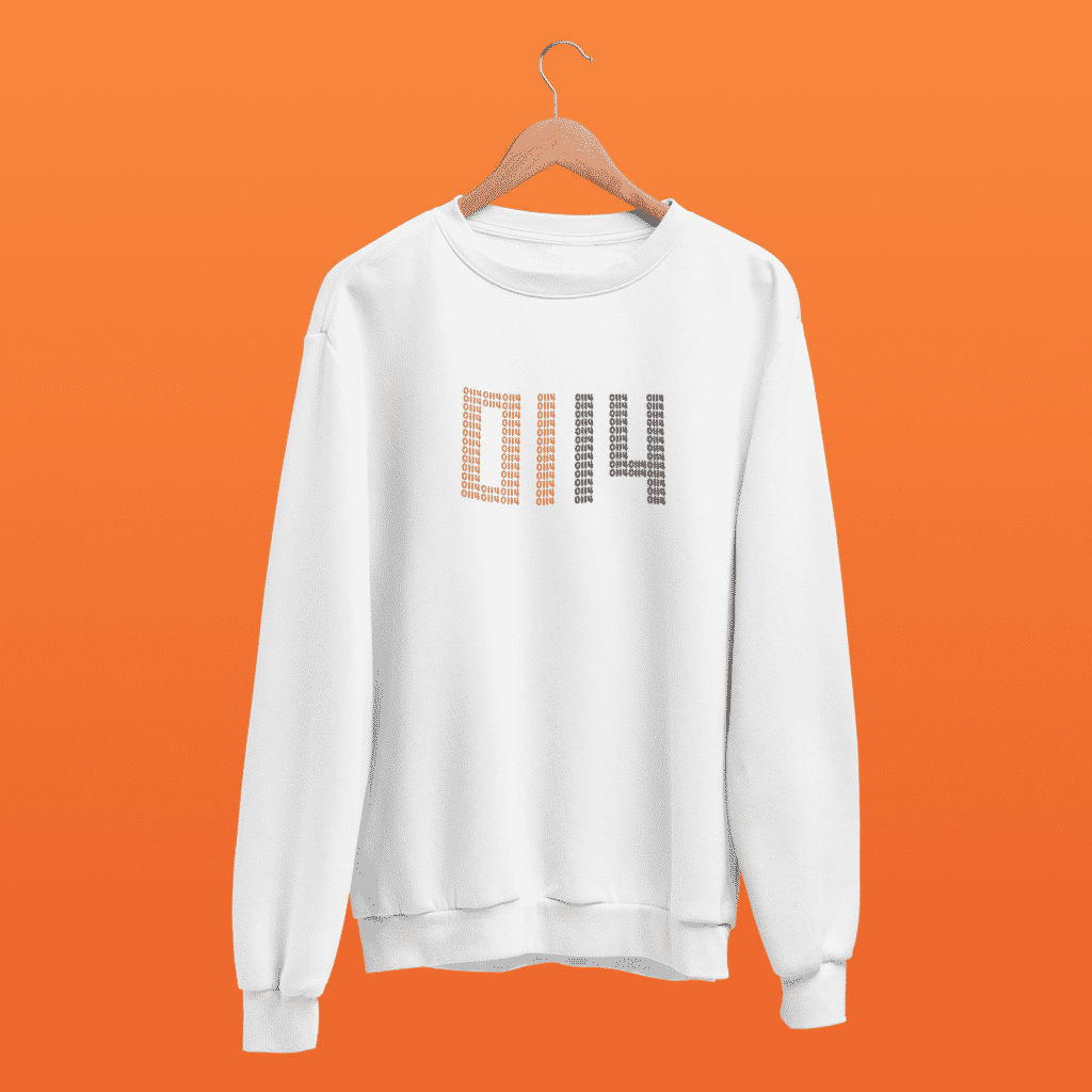 Steel city clothing's 0114 jumper in white against an orange background