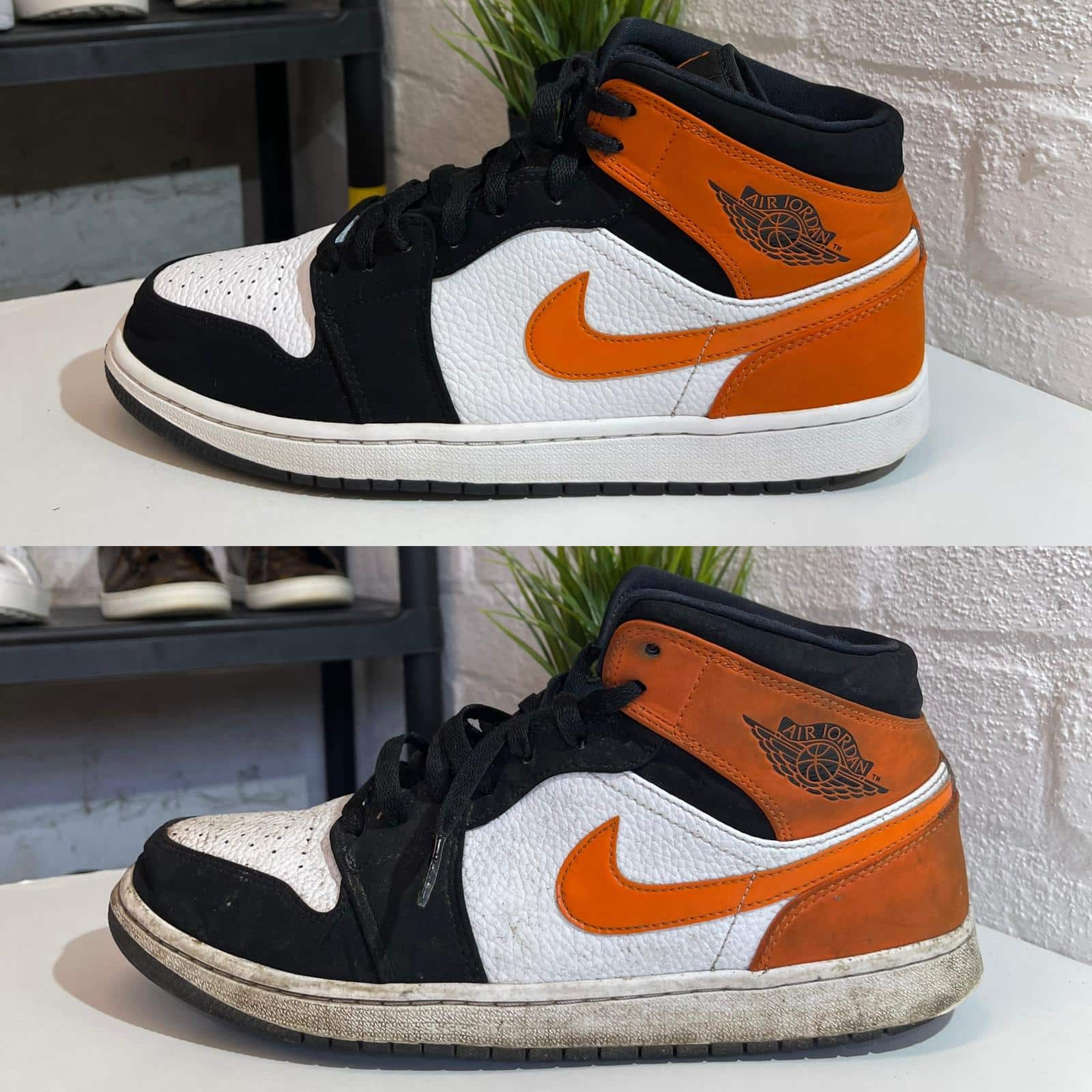 Orange jordans cleaned by revive sneaker laundry