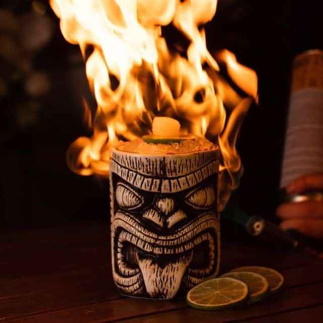 Bamboo door Sheffield tiki cup on fire
