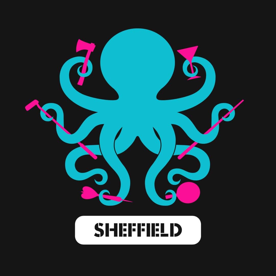 Boom Battle Bar Sheffield logo of a blue octopus holding a golf club, dart, table tennis paddle, beer and an axe
