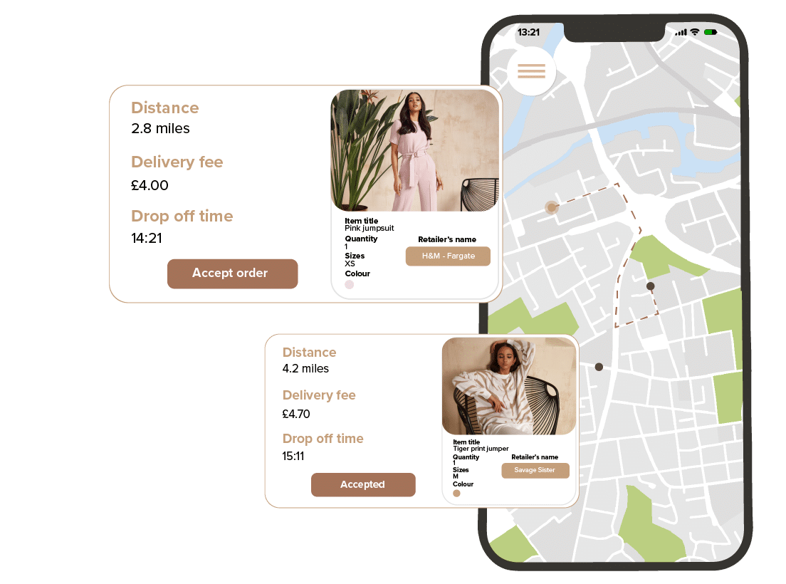 A mobile app with a map showing the location of a woman's clothes.