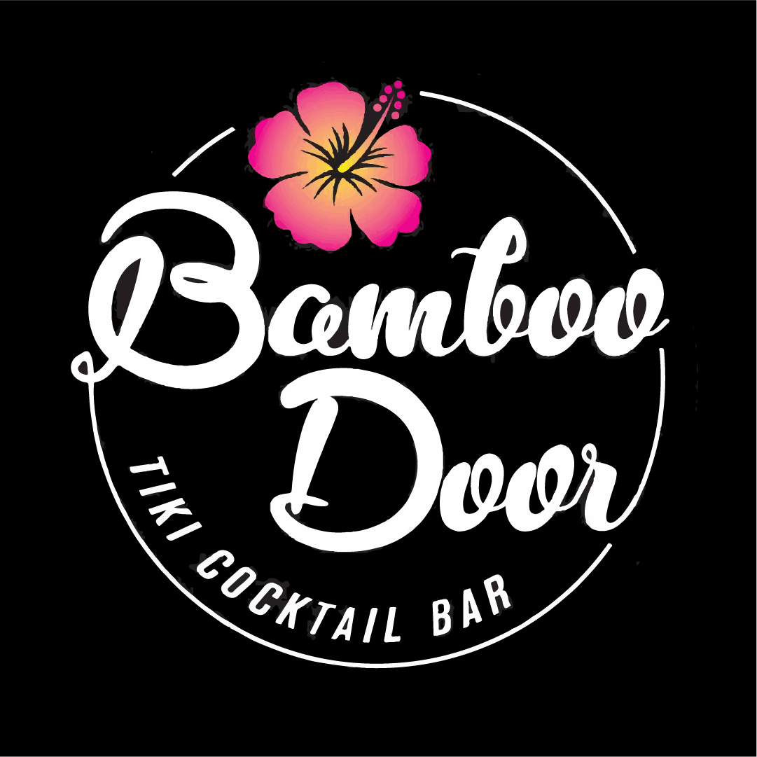 Logo of bamboo door tiki cocktail bar featuring stylish script inside a circle with a pink hibiscus flower on top.