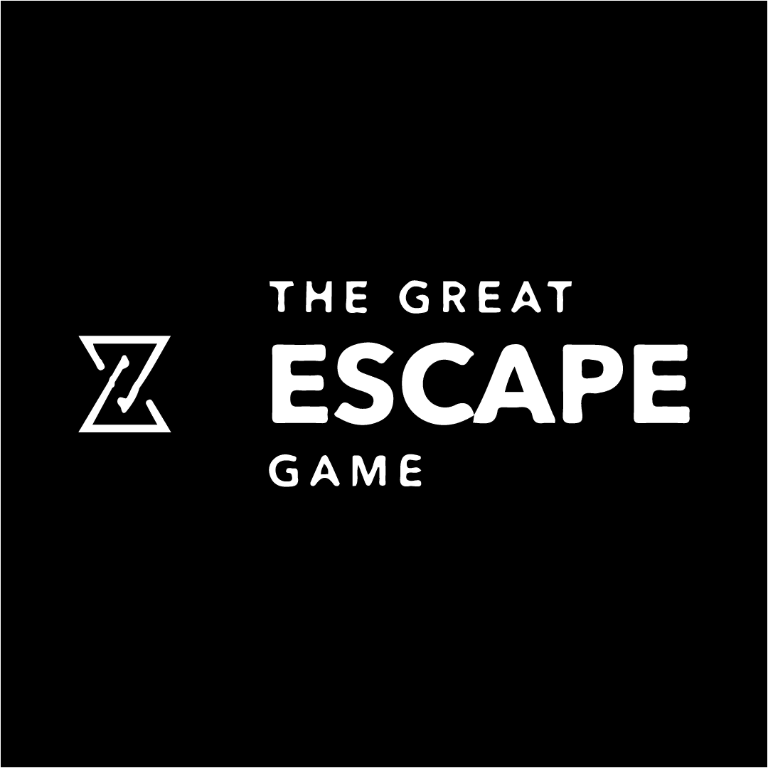 Logo of "the great escape game" featuring stylized text and a prominent infinate symbol on the left like an egg timer on a black background.