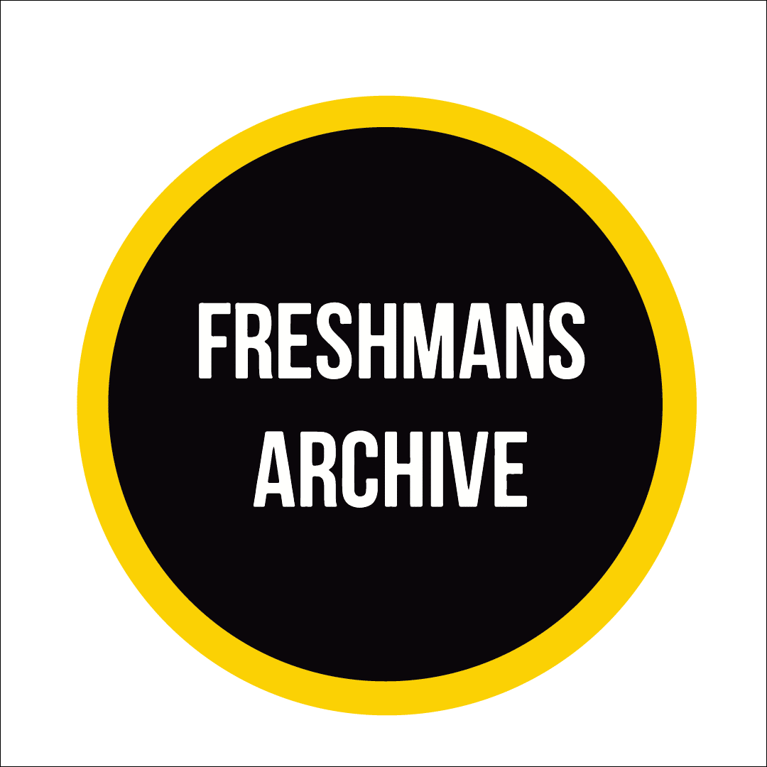 Logo of "freshmans archive" with bold white text on a black circular background, surrounded by a thin yellow ring on a white square backdrop.