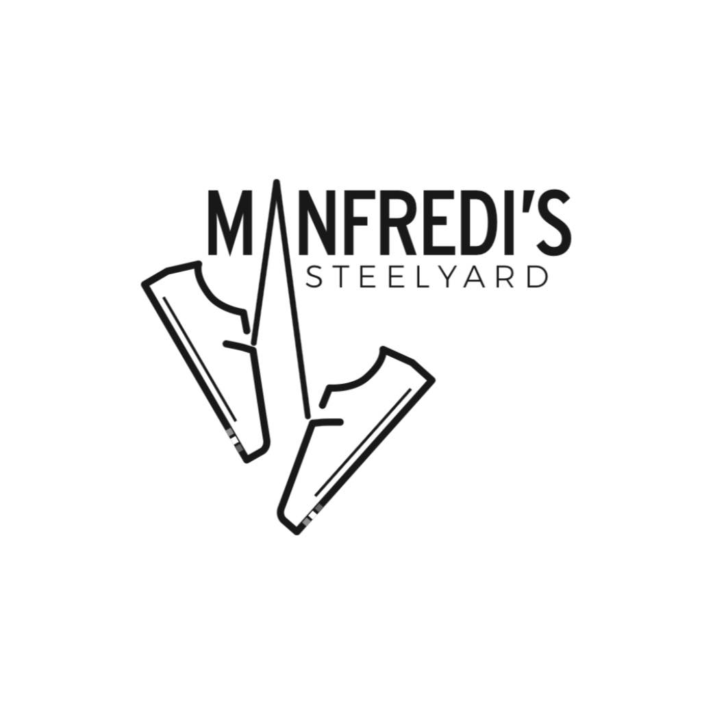 Logo of manfredi's steelyard featuring stylized steel beams forming a triangular shape with the brand name in bold letters.