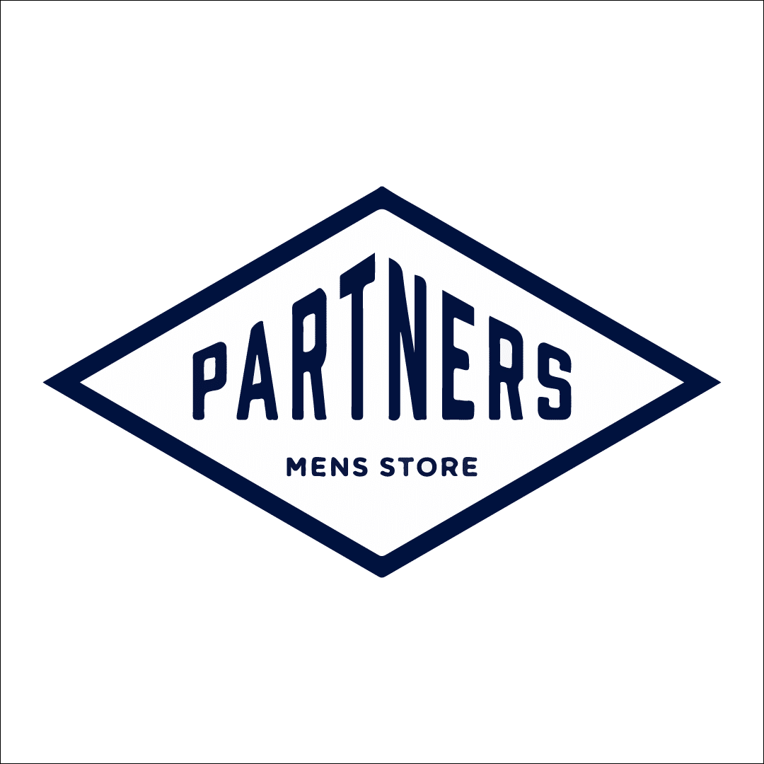 Logo of "partners mens store" in a diamond shape with navy blue lettering and border on a white background.